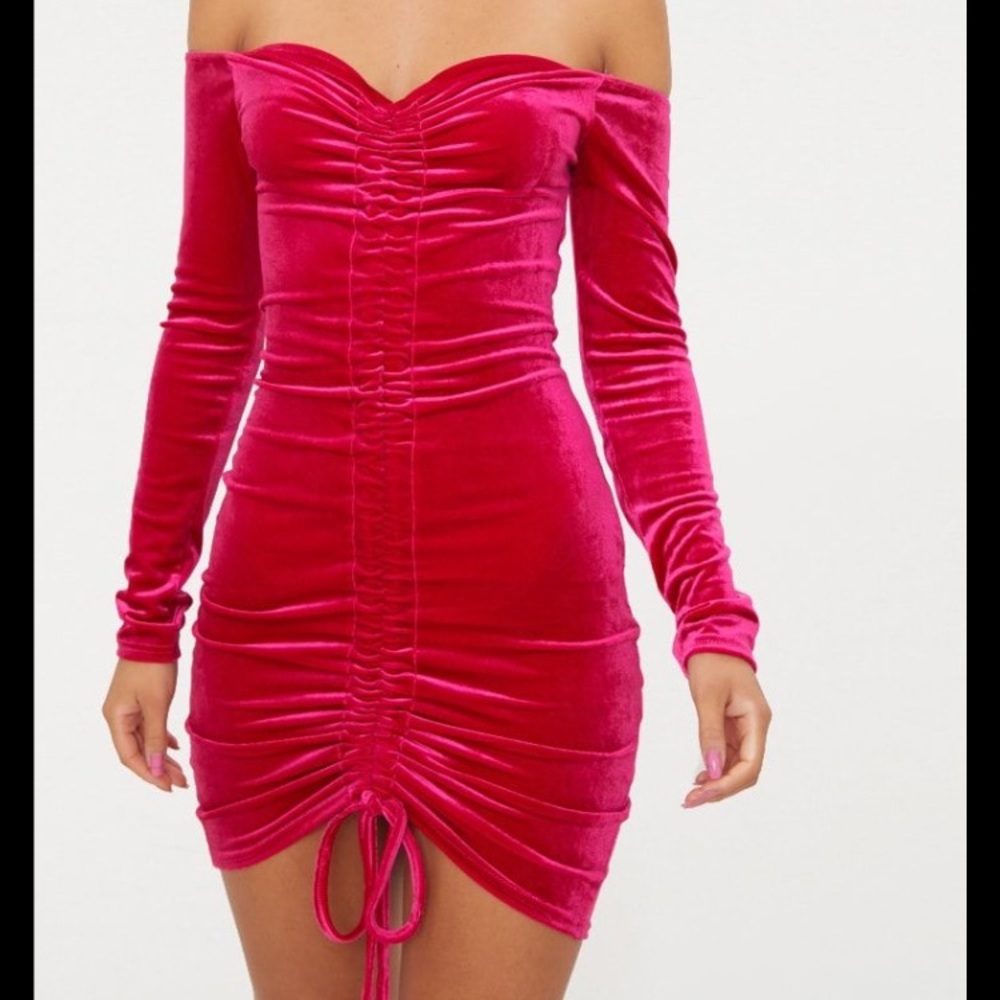 Pink Ruched Off the Shoulder Velvet Dress